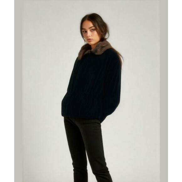 Lauren Ralph Lauren Black Velvet Faux Fur Collar Zip Up Outdoor Winter Coat S - Picture 1 of 15